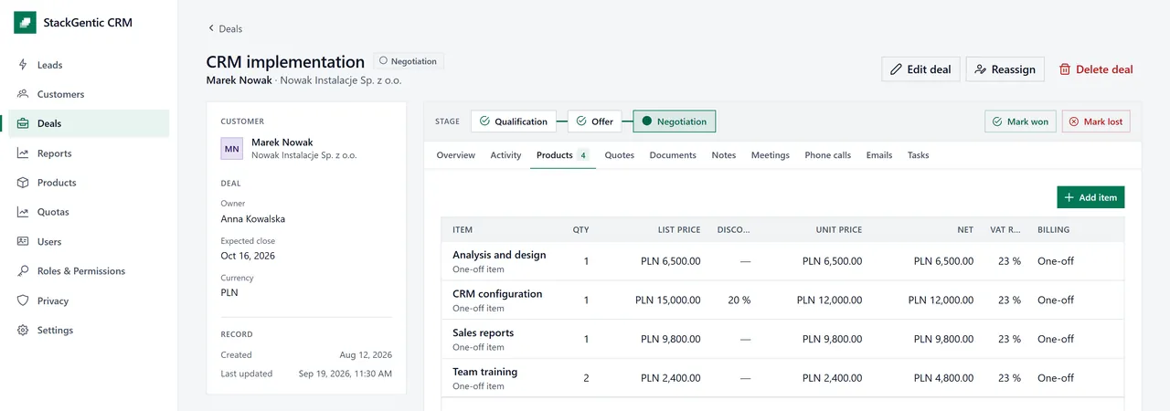 The CRM implementation deal with its sales stages and the Products tab: four items with list price, discount, unit price, net value and VAT rate.