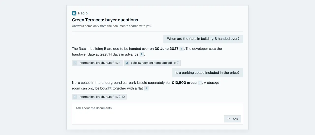 A guest’s conversation in Ragio: questions about the handover date and a parking space, answers with the date and price highlighted and links to the brochure and the agreement template with page numbers.