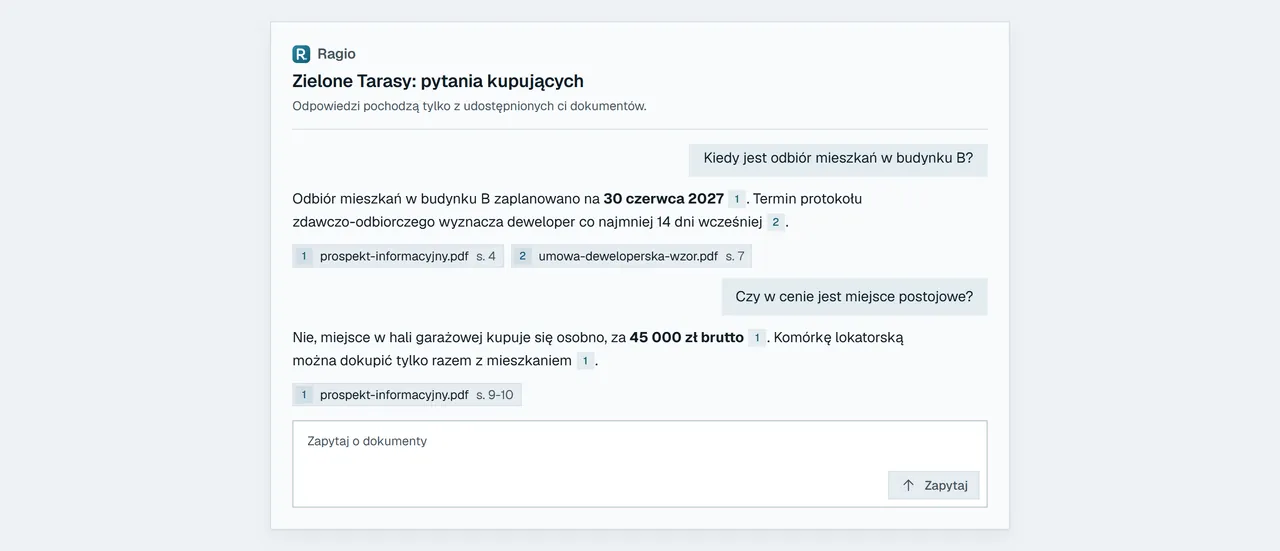 Rozmowa gościa w Ragio: pytania o termin odbioru mieszkań i miejsce postojowe, odpowiedzi z wyróżnionymi datą i ceną oraz odnośnikami do prospektu i wzoru umowy z numerami stron.